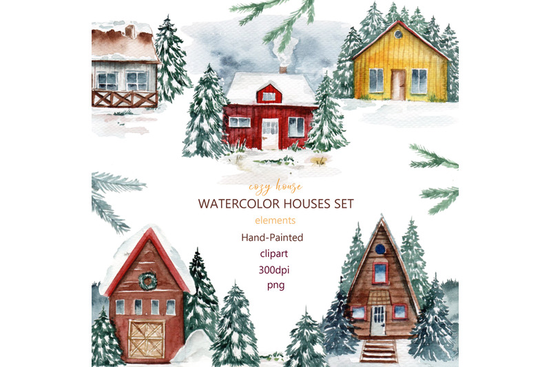 houses-watercolor-clipart-mountains-cozy-home-christmas