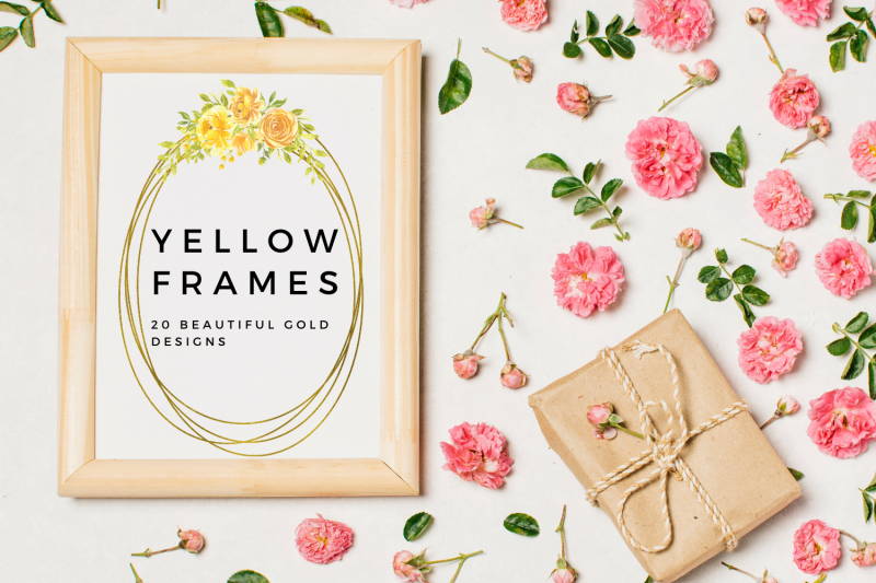 yellow-watercolor-flowers-frames-geometric-gold-frames-yellow-gold-a