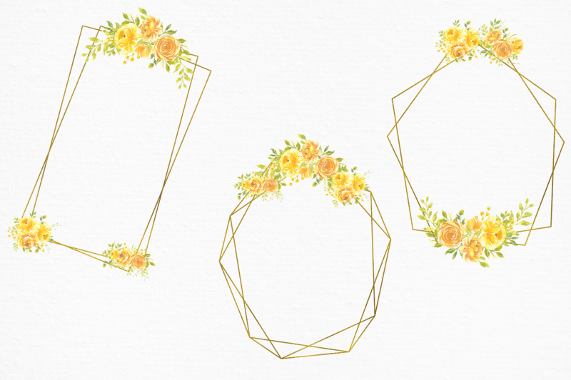 yellow-watercolor-flowers-frames-geometric-gold-frames-yellow-gold-a