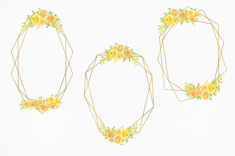 yellow-watercolor-flowers-frames-geometric-gold-frames-yellow-gold-a