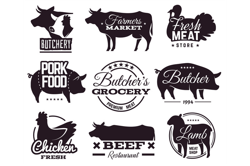 butcher-emblems-butchery-shop-labels-with-animals-silhouettes-beef-a