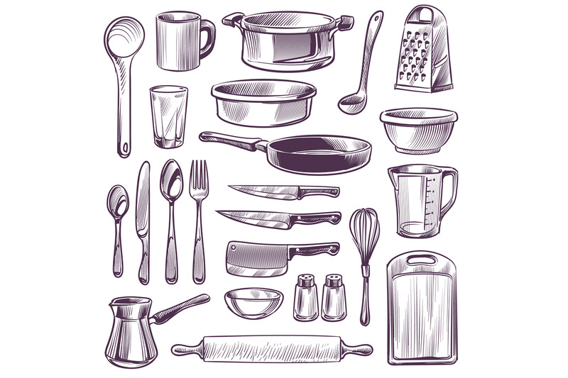 kitchen-utensils-sketch-cooking-tools-pan-knife-and-fork-spoon-and