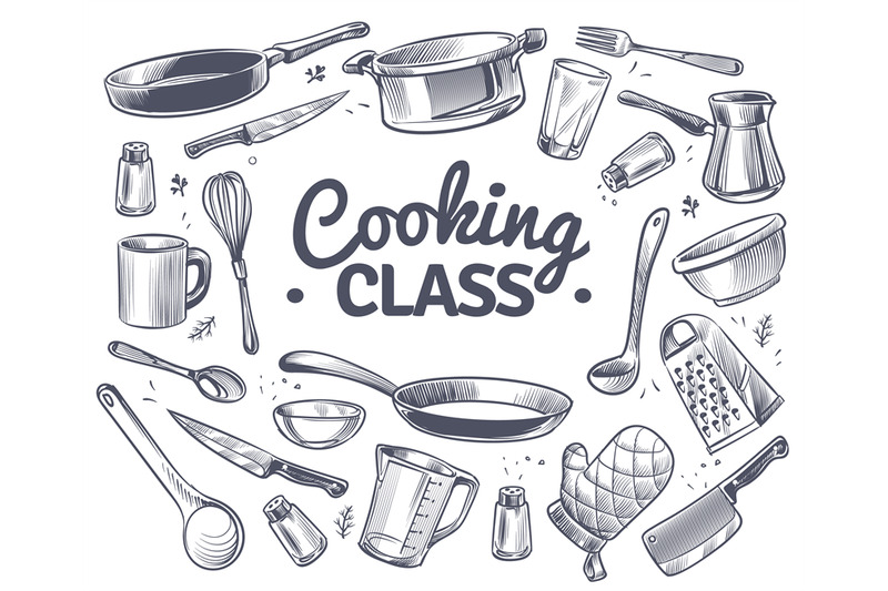 cooking-class-sketch-kitchen-tool-kitchenware-soup-pan-knife-and-f