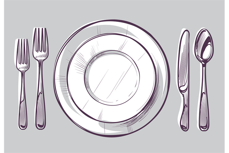 sketch-plate-fork-and-knife-dinner-cutlery-and-empty-dish-on-table-d