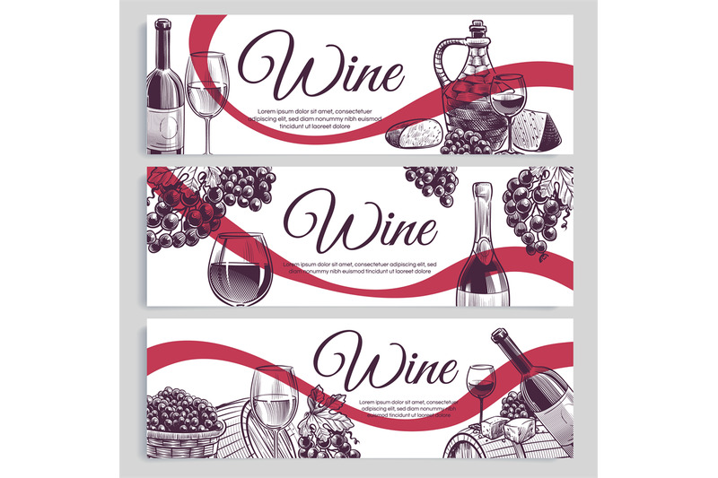 sketch-wine-banners-classic-alcoholic-drink-bottles-and-wineglasses
