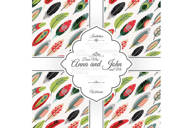invitation-card-with-colorful-feathers-pattern