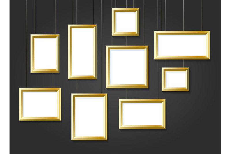 golden-photo-picture-frames-on-black-wall