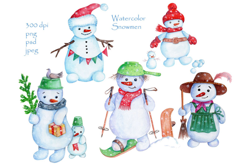 snowmen-watercolor-illustrations