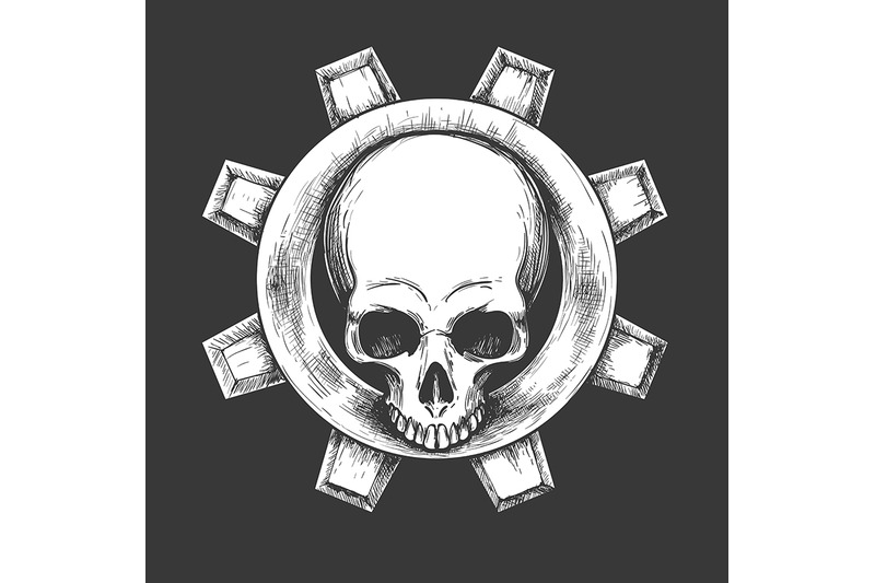 human-skull-and-gear-emblem-vector-illustration