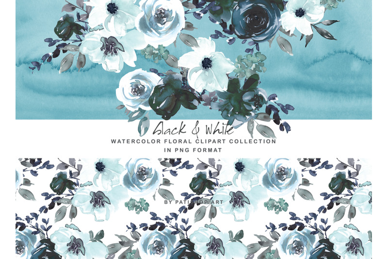 black-and-white-watercolor-floral-clipart-set