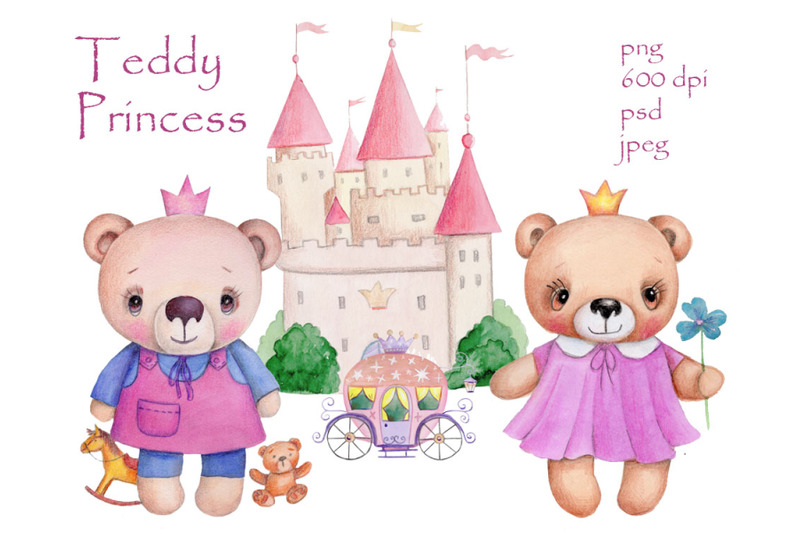 watercolor-teddy-bear-princess-girls