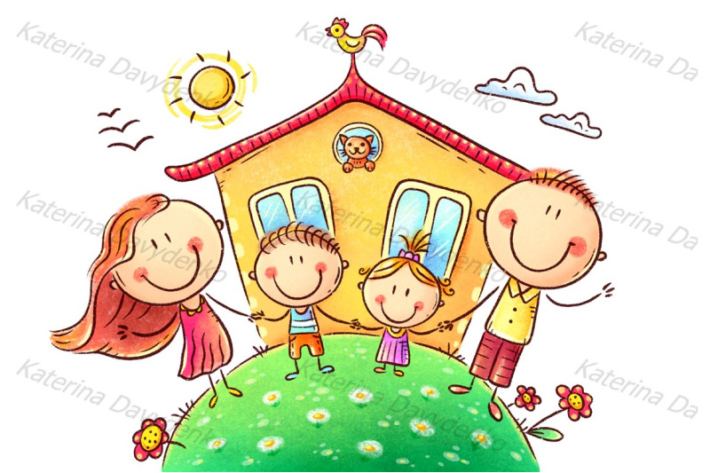 happy-family-with-two-kids-near-their-house-pastel-drawing