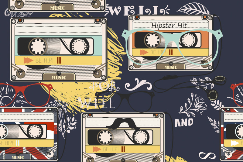 hipster-vector-background-with-old-cassette-headphones-notes-bike-and