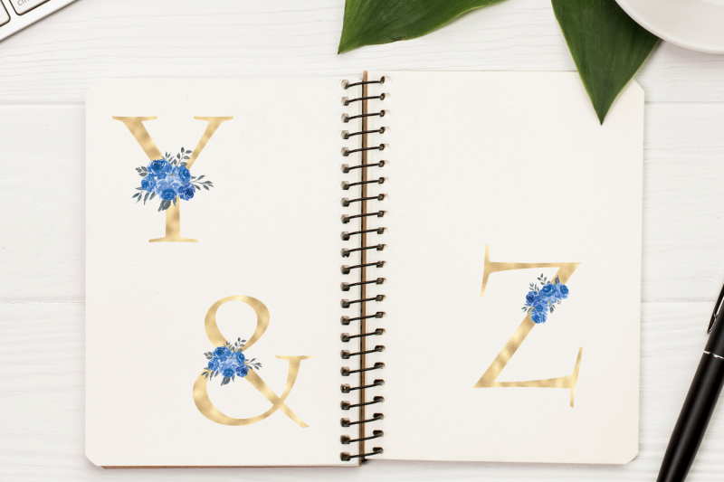 blue-blush-florals-alphabet-blue-gold-foil-alphabet-with-flowers