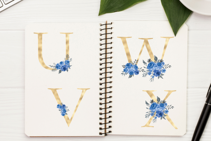 blue-blush-florals-alphabet-blue-gold-foil-alphabet-with-flowers