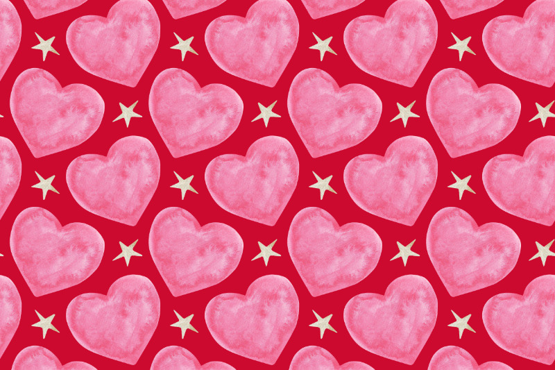 watercolor-hearts-and-stars-seamless-pattern-on-red-background