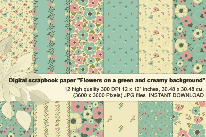 vintage-flowers-on-creamy-and-mint-background-digital-paper