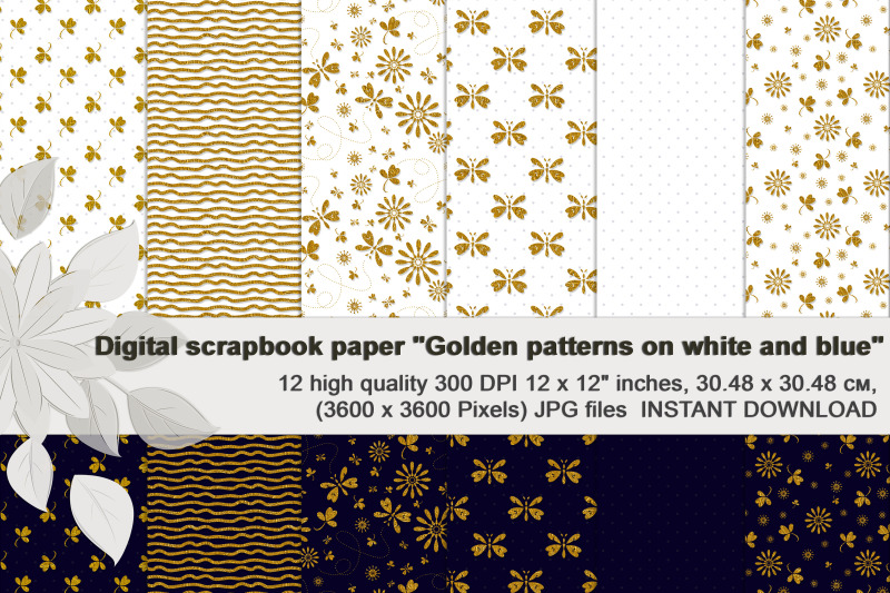 golden-patterns-on-royal-blue-and-white-scrapbook-paper