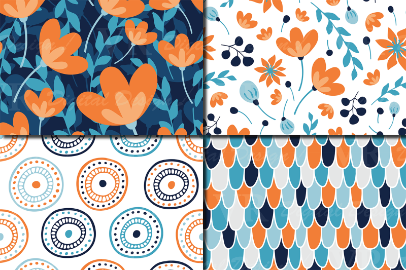blue-and-orange-floral-seamless-digital-paper-floral-patterns