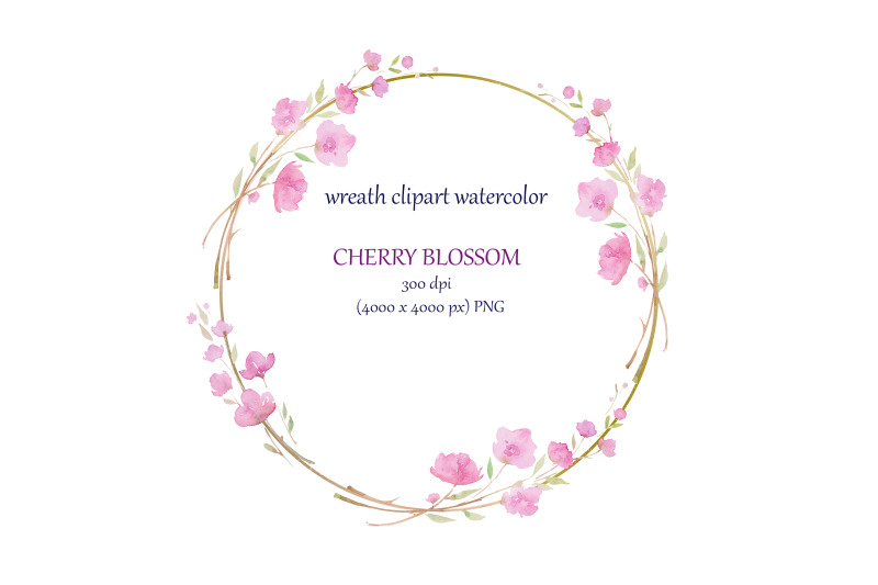 watercolor-cherry-blossom-wreath-with-golden-circle