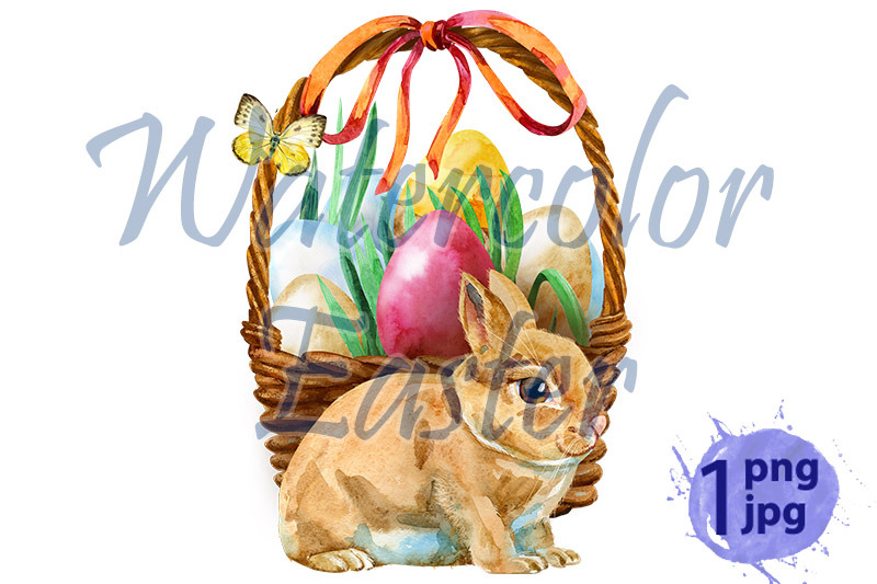 watercolor-illustration-of-beige-rabbit-and-easter-basket