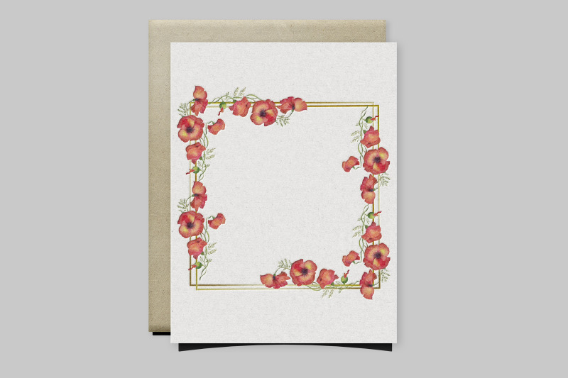 golden-frames-with-watercolor-red-poppies-flowers