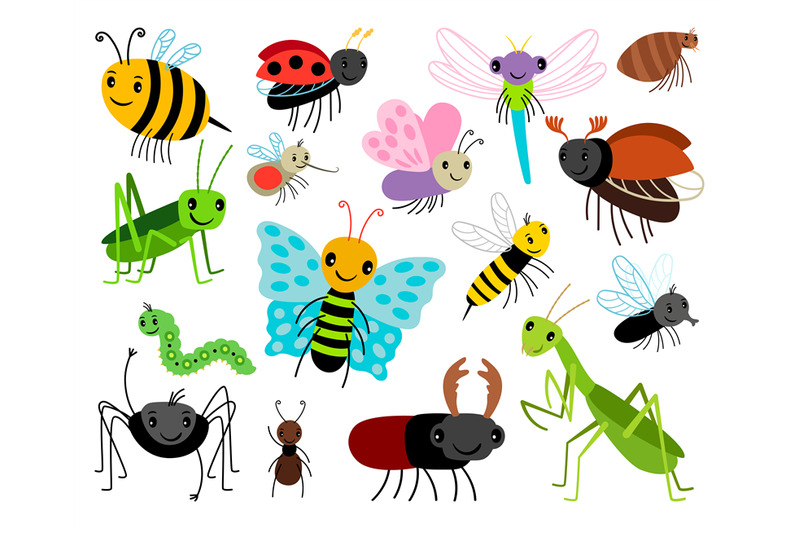 cartoon-insects-vector-cute-insect-collection-fly-and-ladybug-manti