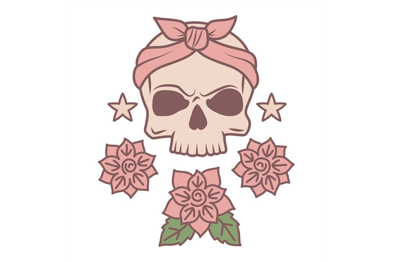 cute-skull-and-flowers-tattoo-template