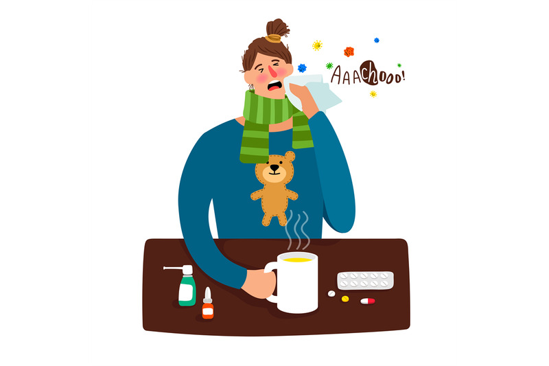 cartoon-sick-girl-with-fever