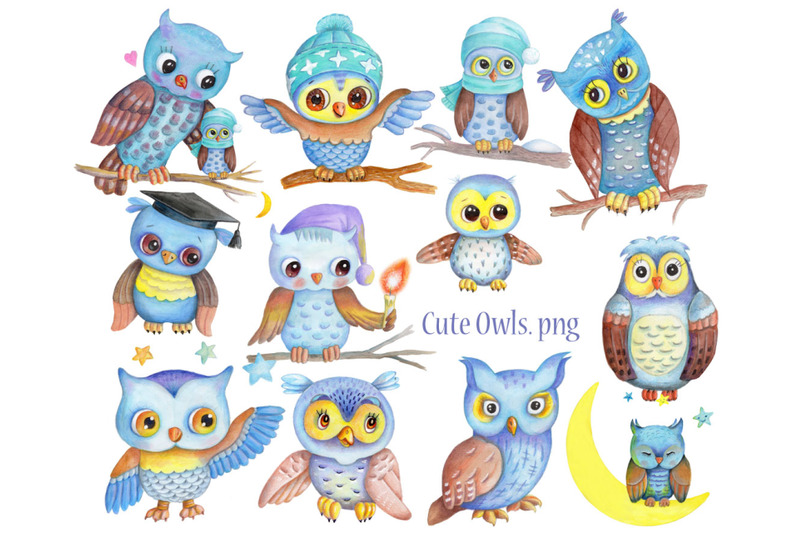 watercolor-cute-owls