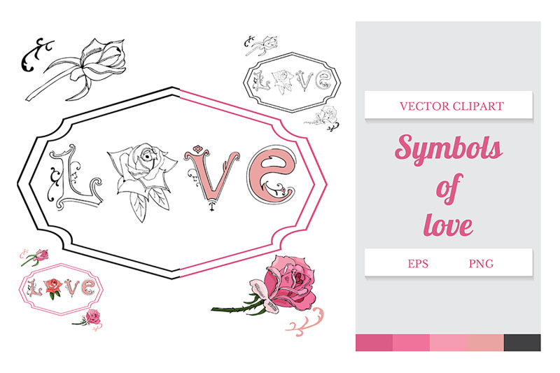 hand-drawn-set-of-letters-roses-and-frame-vector