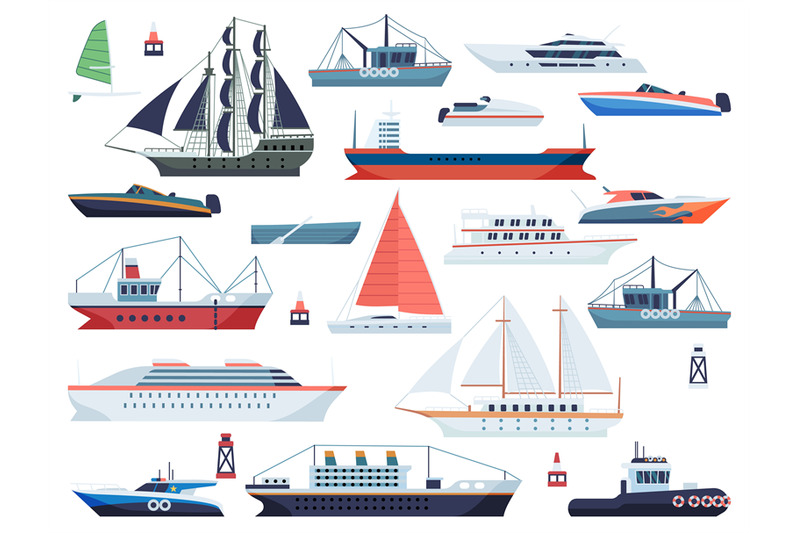 sea-ships-fishing-boat-and-big-vessel-for-ocean-travel-on-white-backg