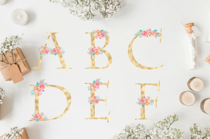 gold-foil-alphabet-with-flowers-floral-alphabet-clipart-wedding-alphabet-golden-monogram-letters