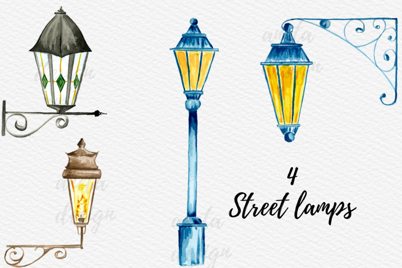 10-hanpainted-vintage-lanterns-watercolor-street-lamps-clipart