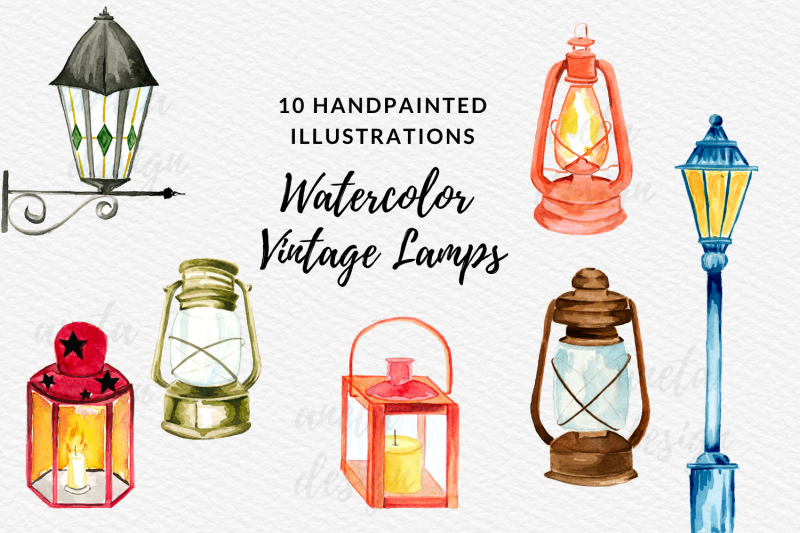 10-hanpainted-vintage-lanterns-watercolor-street-lamps-clipart