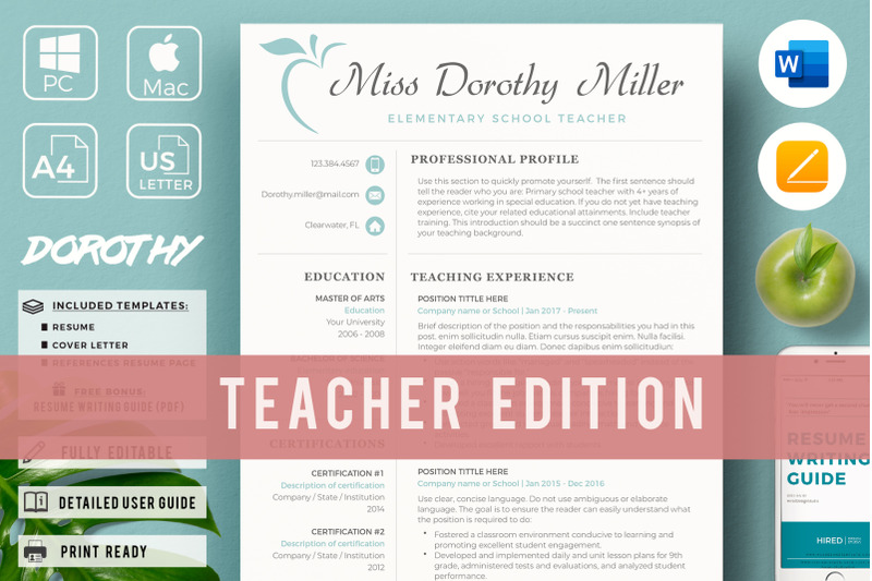 elementary-teacher-cv-resume-cover-letter-references-free-bonus