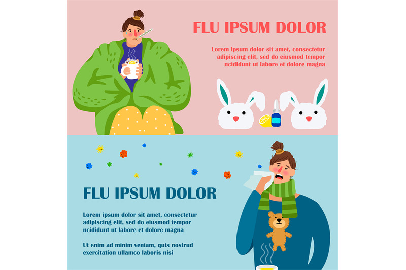 cartoon-character-flu-girl-banners-design-set