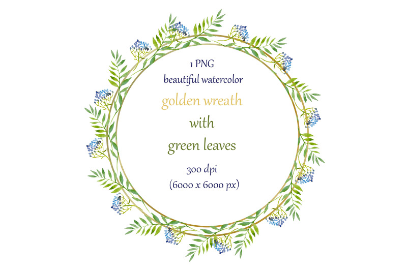 golden-wreath-with-green-leaves-clipart-watercolor