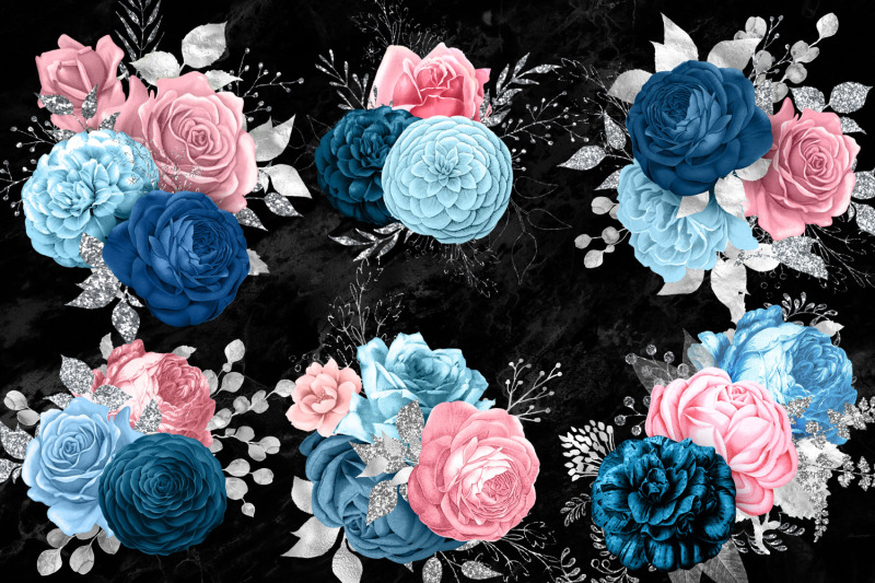 pink-blue-and-silver-floral-bouquets-clipart