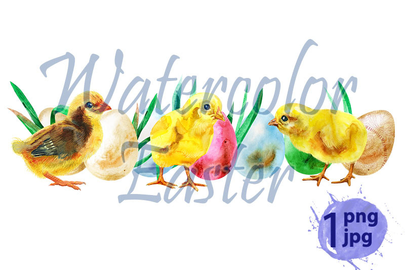 watercolor-easter-colored-eggs-chickens-and-grass