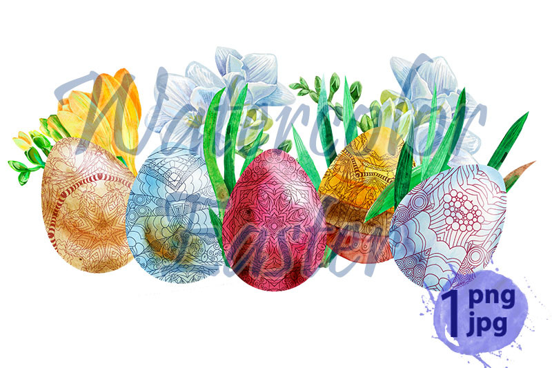 watercolor-easter-colored-eggs-with-freesia-and-grass