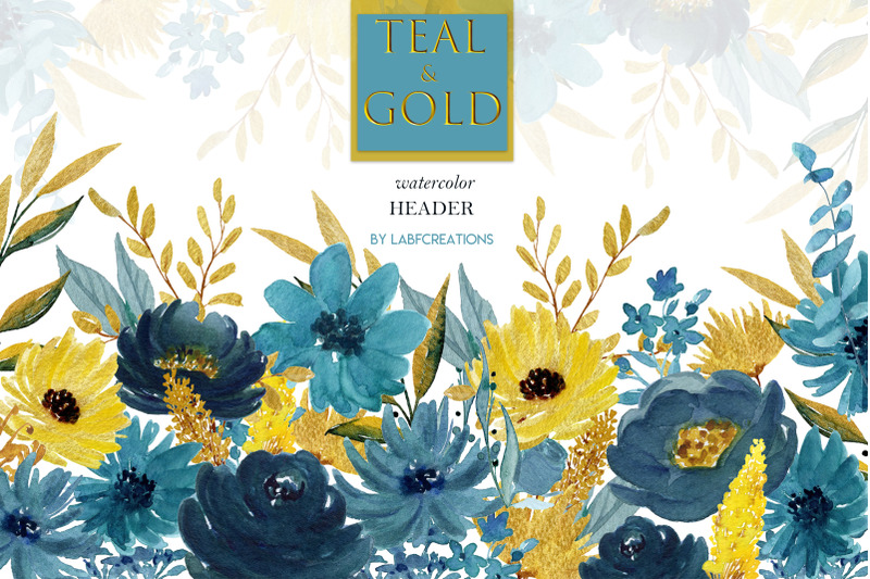 teal-and-gold-watercolor-floral-collection