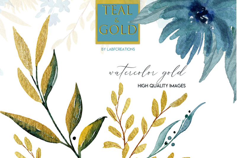 teal-and-gold-watercolor-floral-collection