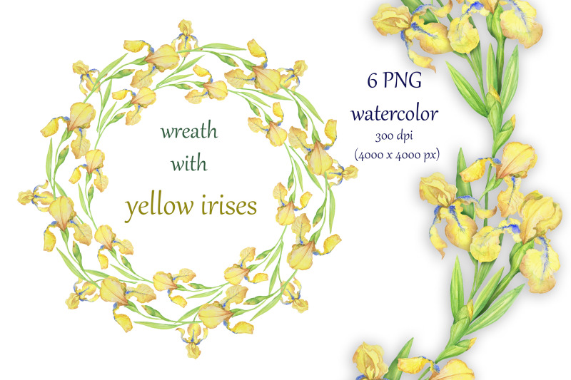 wreaths-with-flowers-yellow-irises-watercolor-set