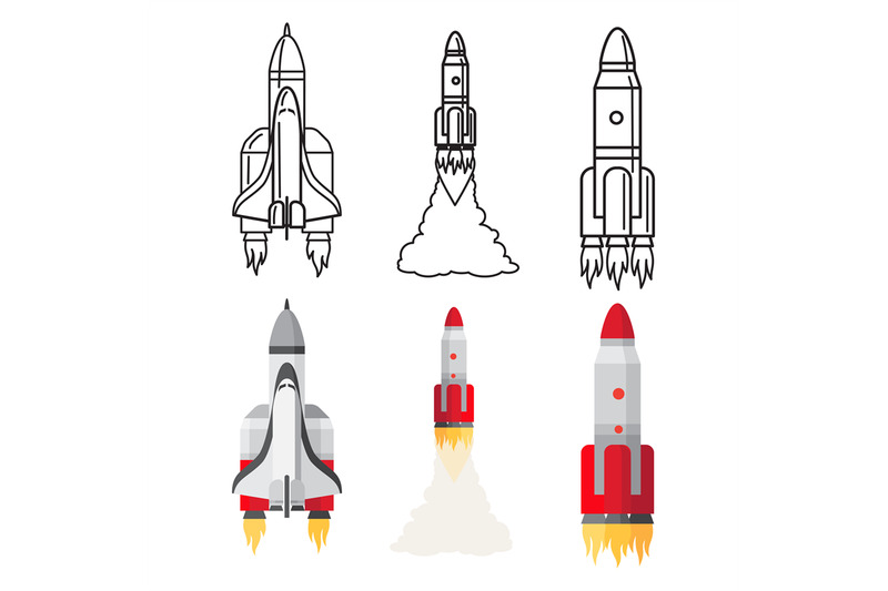 cartoon-and-doodle-line-space-rockets-set-vector-illustration