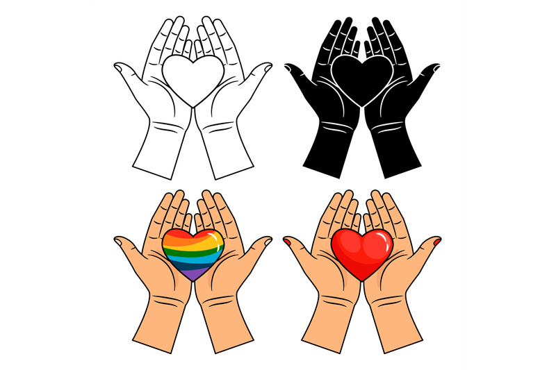 hands-and-heart-icons-line-colorful-rainbow-and-red-heart-in-hands