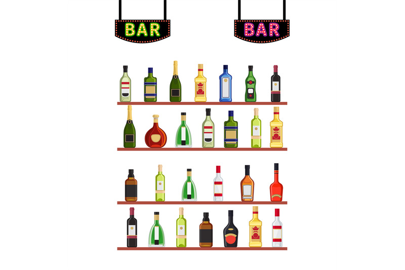 neon-signs-bar-and-shelfs-with-alcohol-bottles-vector-illustration