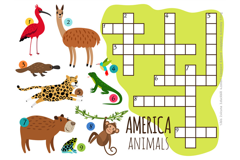 america-animals-set-kids-crossword-vector-illustration