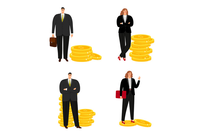 cartoon-character-businessman-and-businesswoman-with-coins-vector-isol