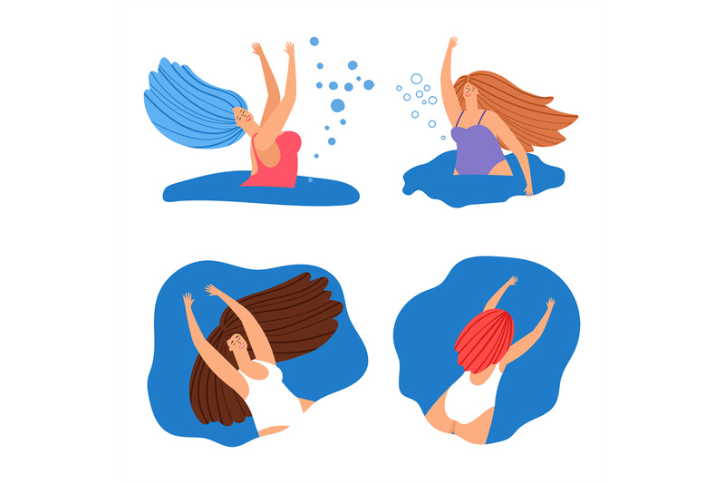 happy-swimming-women-banners-or-icons-vector-set